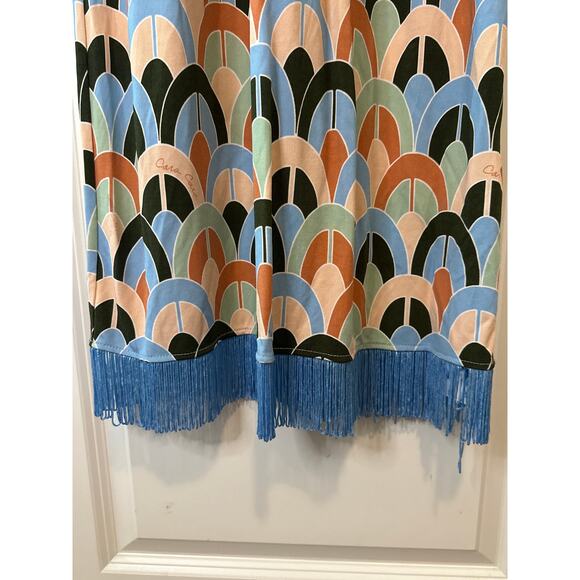 Cara Cara Multicolor Geometric Print Midi Dress with Blue Fringe Hem Size Small - Picture 4 of 10